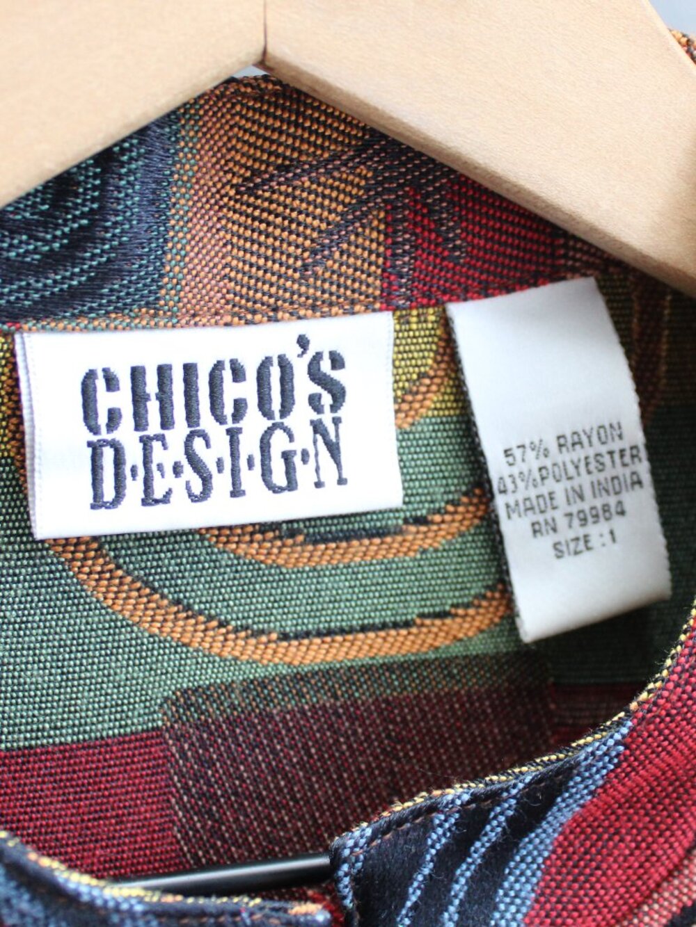 Chico's Design VTG 90s Abstract Printed Mandarin Collar Tunic Jacket Size Medium - Picture 3 of 4